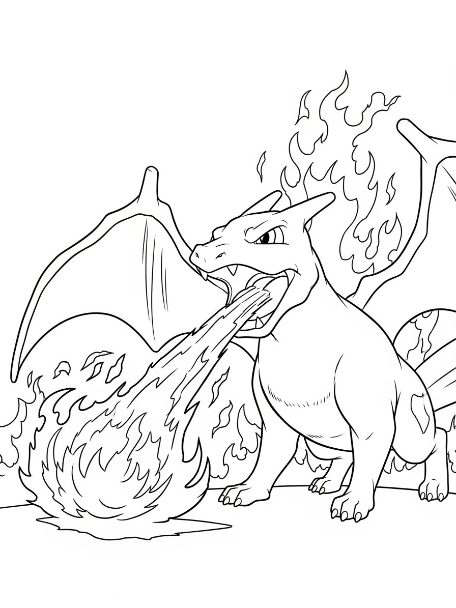Desenho do Charizard cuspindo fogo para colorir