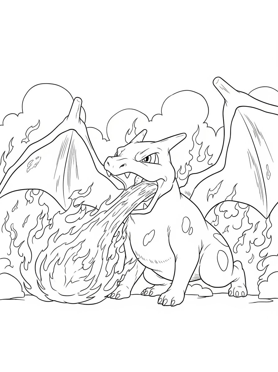 Desenho do Charizard cuspindo fogo para colorir