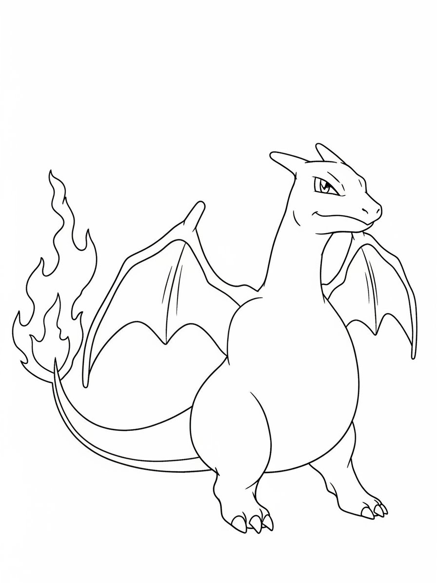 Desenho do Charizard em pé com cauda de fogo para colorir