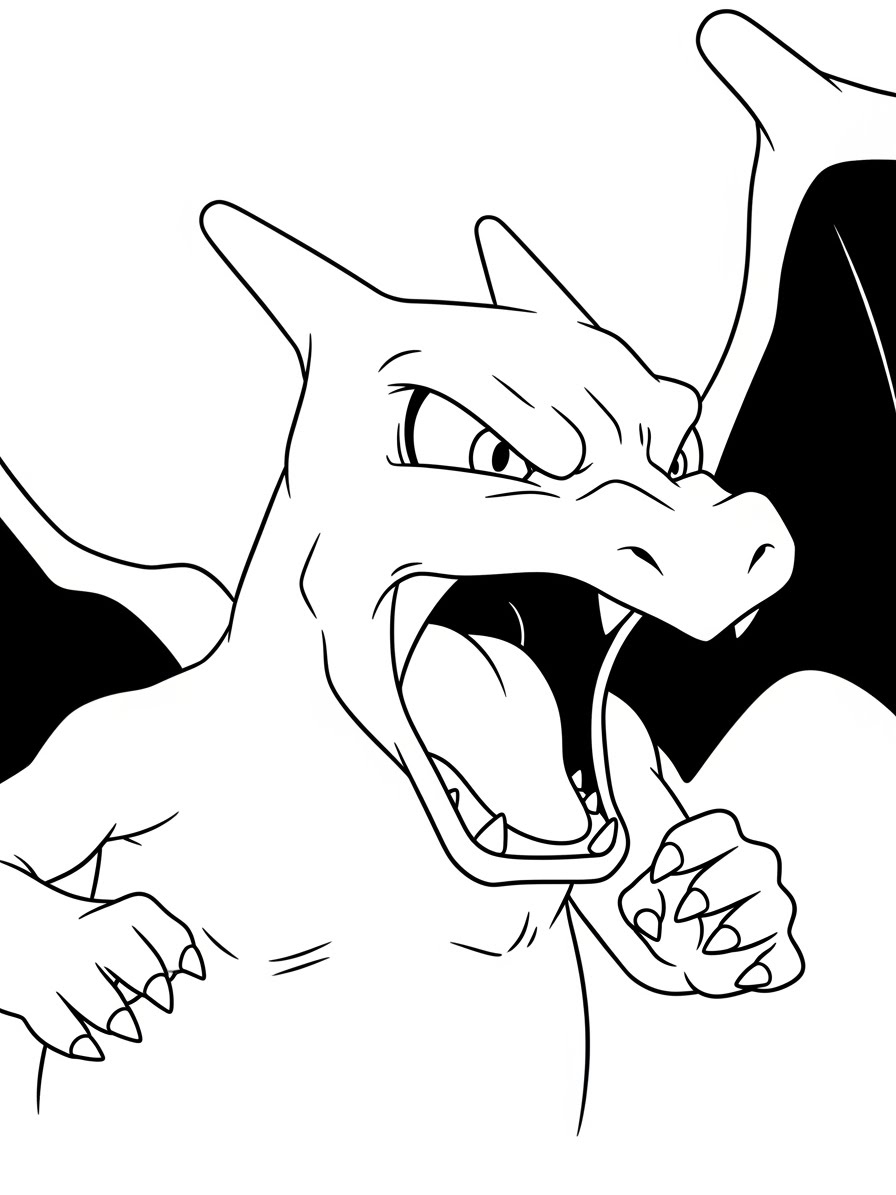 Desenho do Charizard com boca aberta para colorir