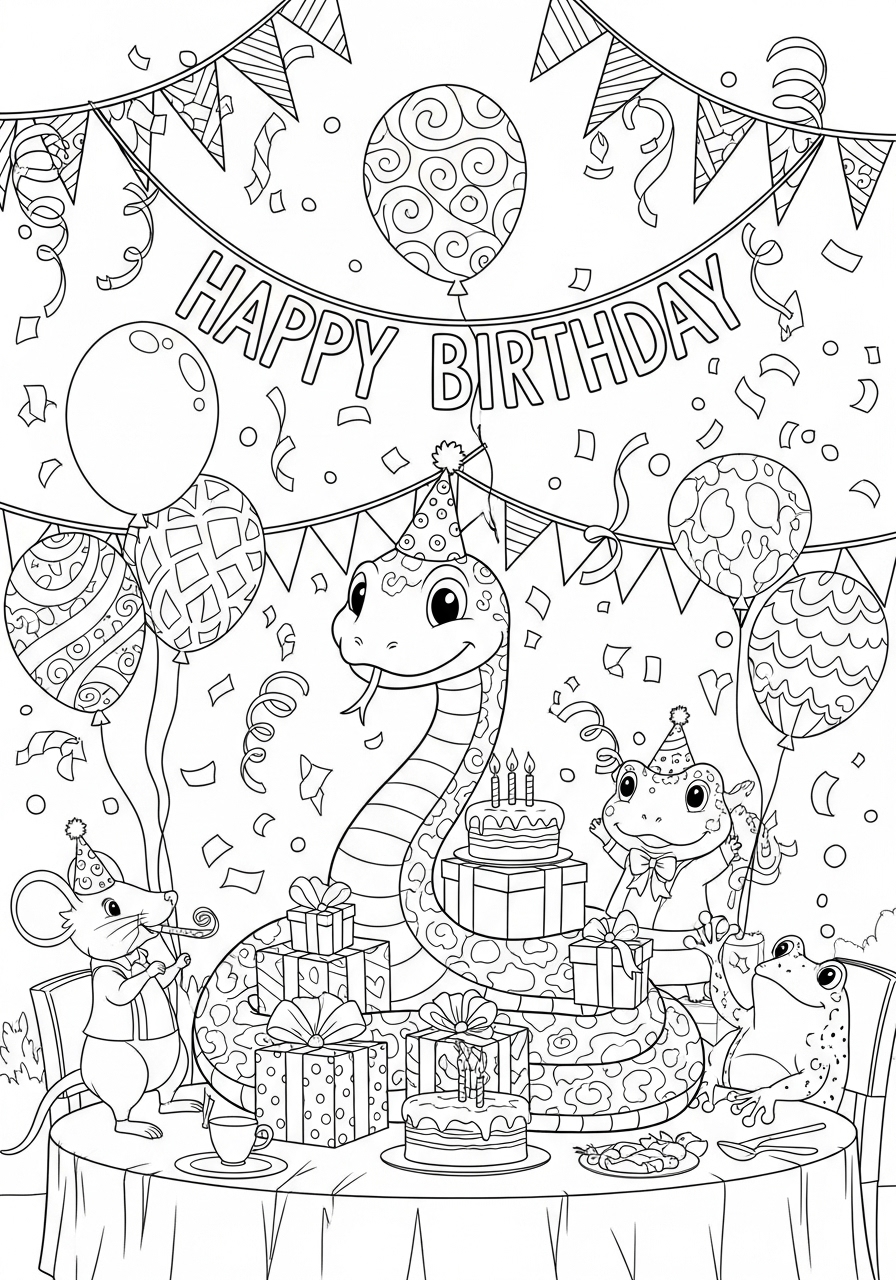 Desenho de Cobra Divertida de Aniversário para colorir