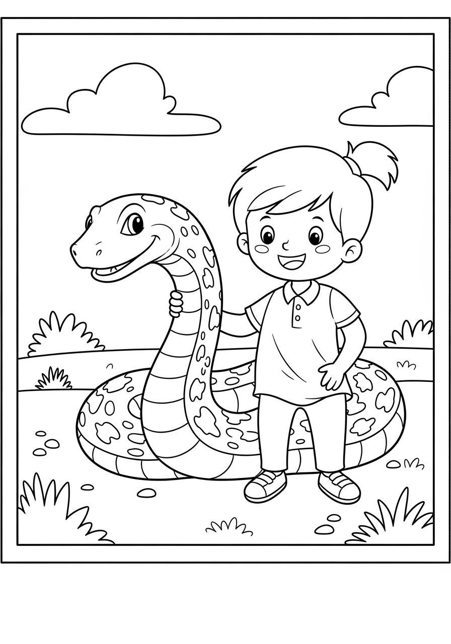 Desenho de Cobra Amigável e Criança para colorir