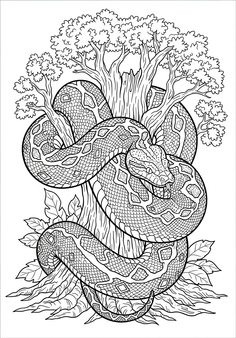 Desenho de Cobra Realista em árvore para colorir