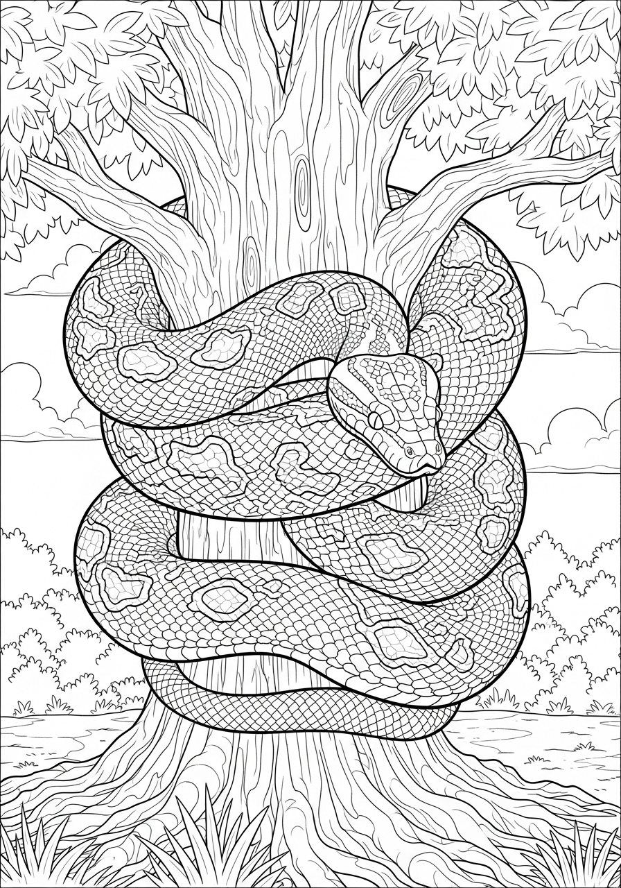 Desenho de Cobra Realista enrolada em árvore para colorir
