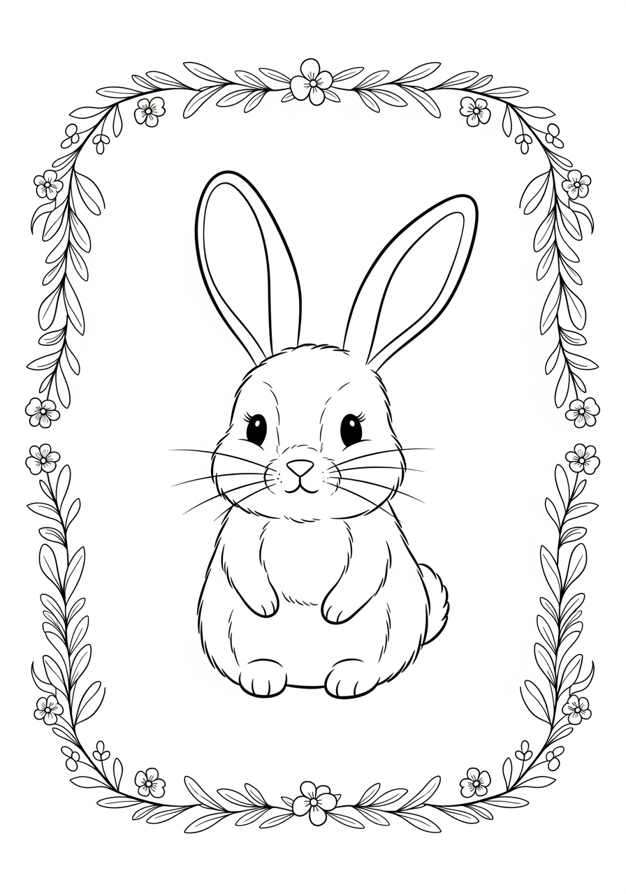 Desenho de Coelho fofinho com moldura floral para colorir