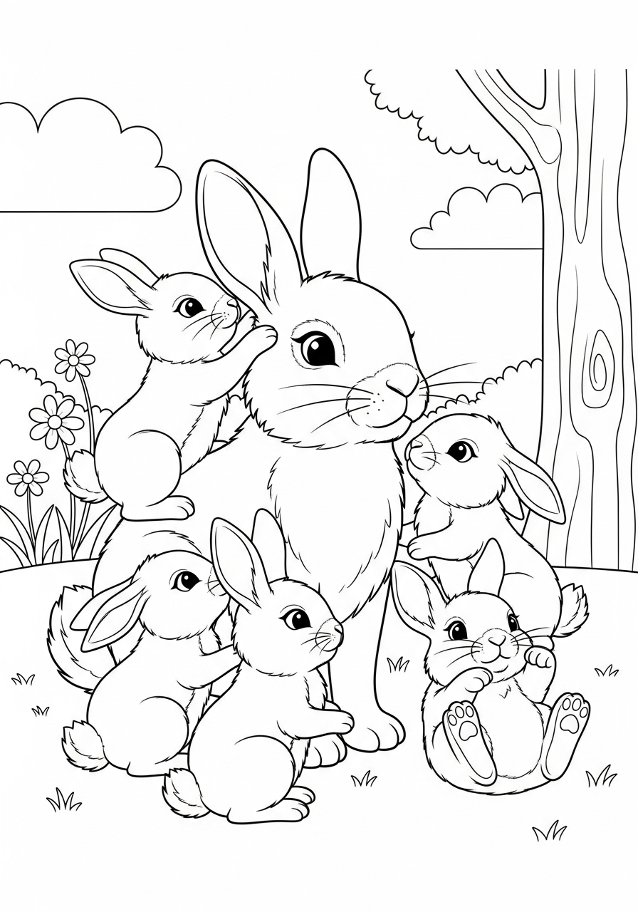 Desenho de Coelho com filhotes em um cenário natural