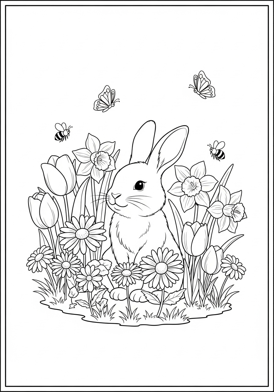 Desenho de Coelho entre flores e insetos para colorir