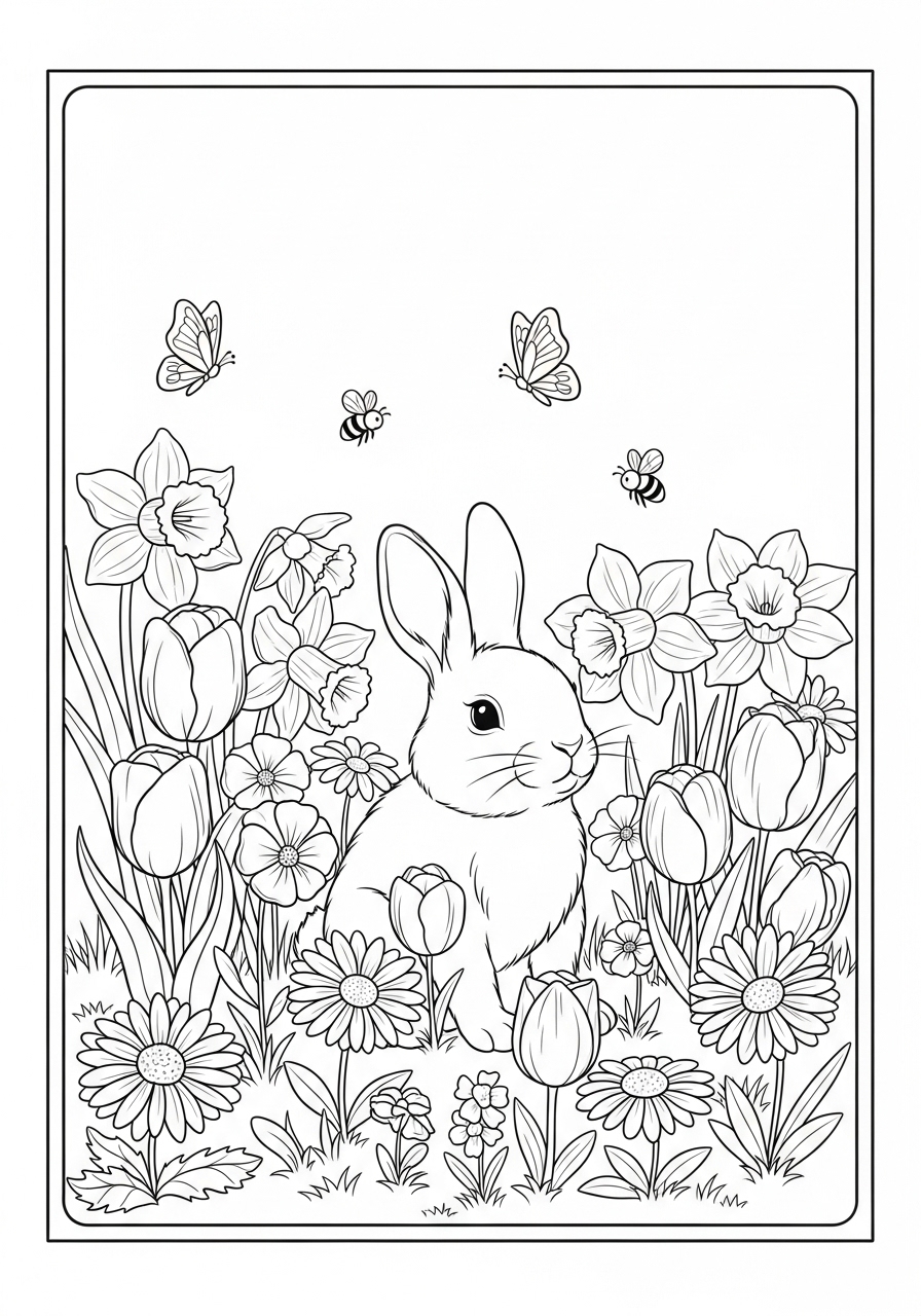 Desenho de Coelho rodeado por flores e insetos para colorir