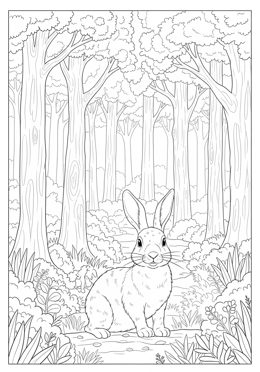 Desenho de Coelho em floresta com árvores para colorir