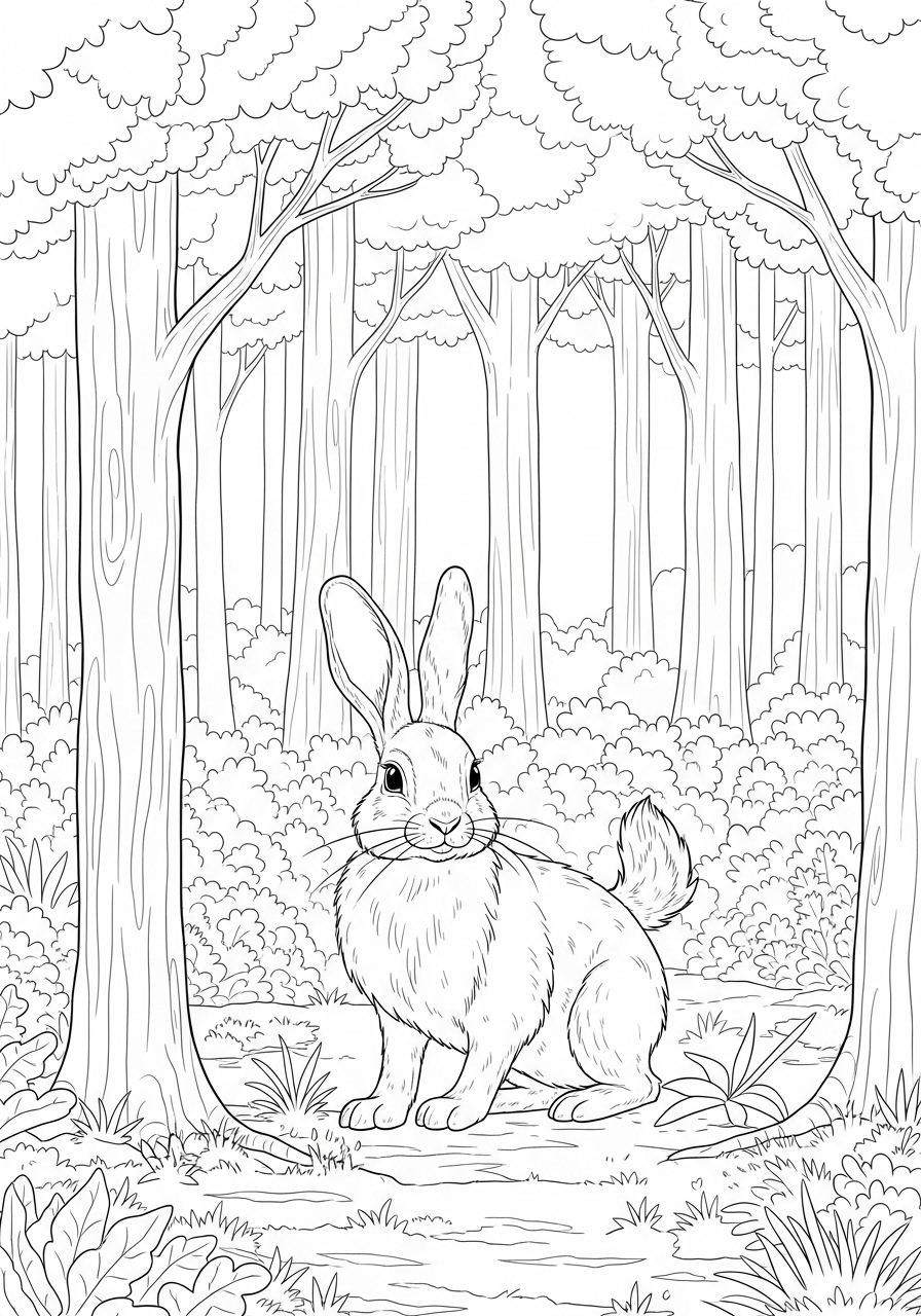 Desenho de Coelho em um bosque cercado por árvores