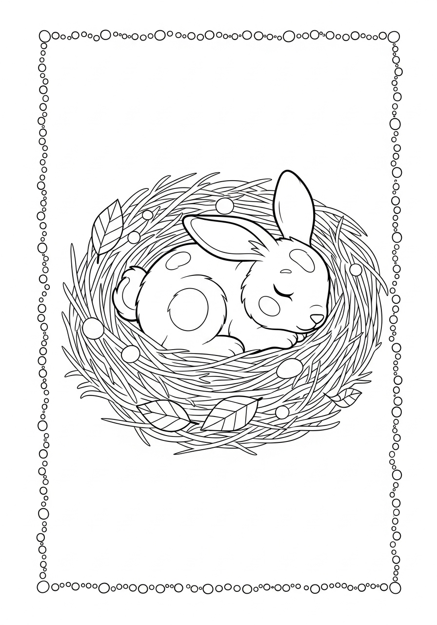 Desenho de Coelho dormindo em um ninho para colorir