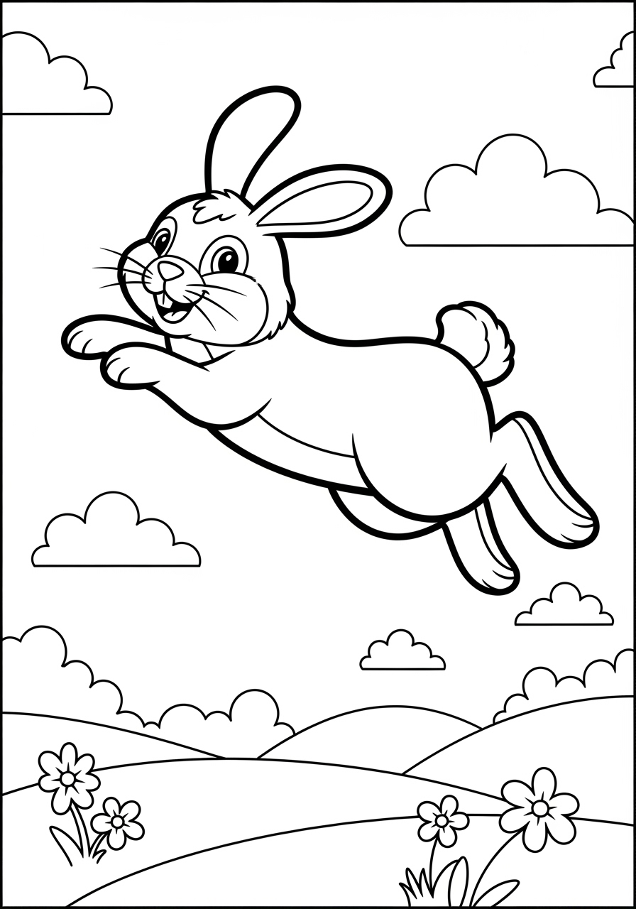 Desenho de Coelho saltando entre flores e nuvens
