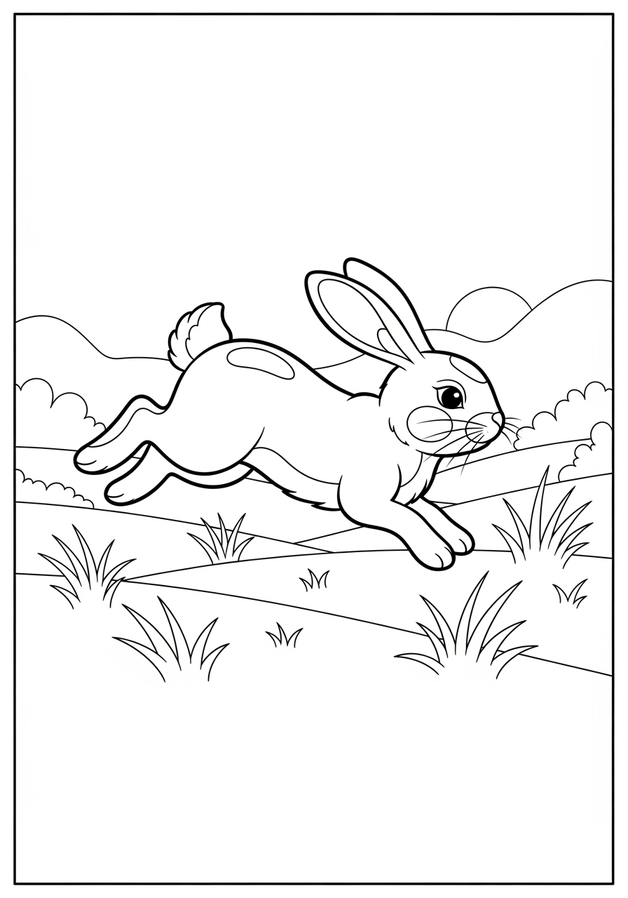 Desenho de Coelho pulando no campo com vegetação