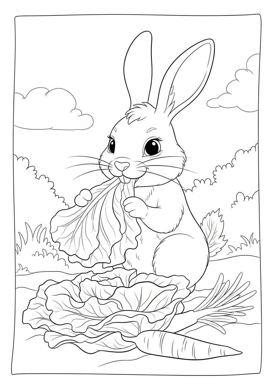 Desenho de Coelho comendo alface entre vegetais para colorir