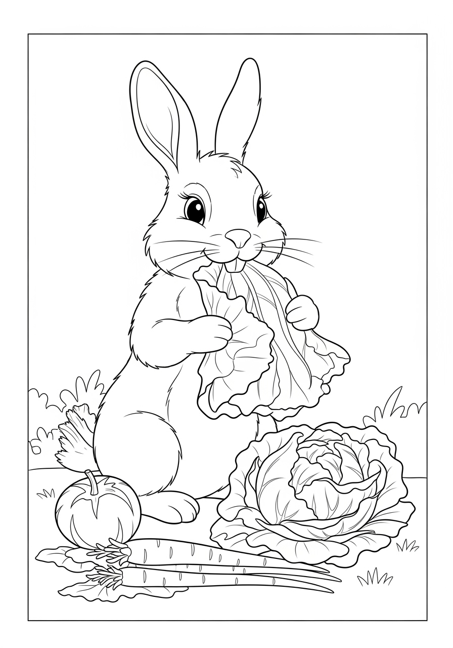 Desenho de Coelho comendo folhas de alface para colorir
