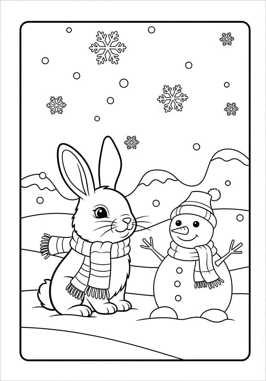 Desenho de Coelho com nariz pink e boneco de neve