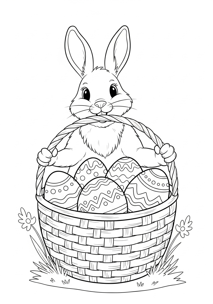 Desenho de Coelho segurando cesta com ovos de Páscoa