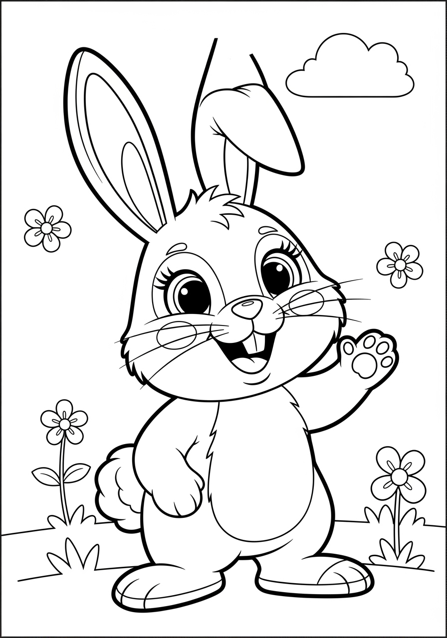 Desenho de Coelho acenando em campo florido para colorir