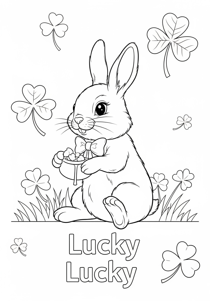 Desenho de Coelho segurando um pote com trevos para colorir