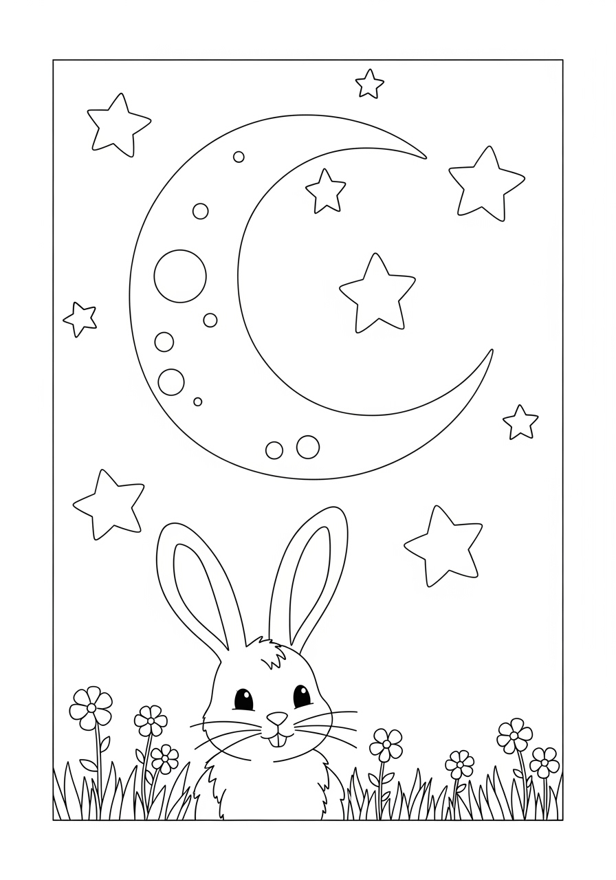 Desenho de Coelho sob a lua e estrelas para colorir