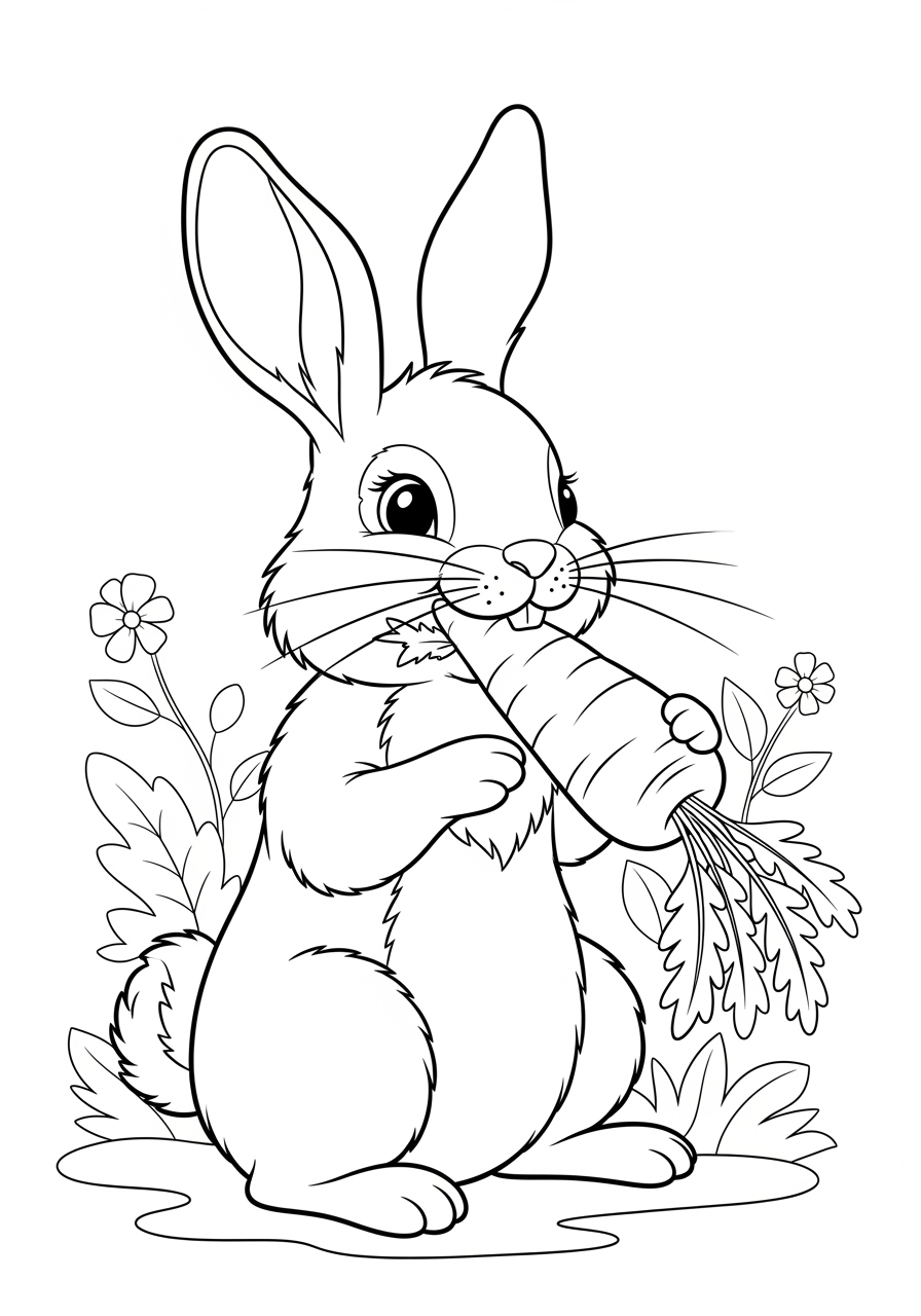 Desenho de Coelho segurando cenoura em meio a flores
