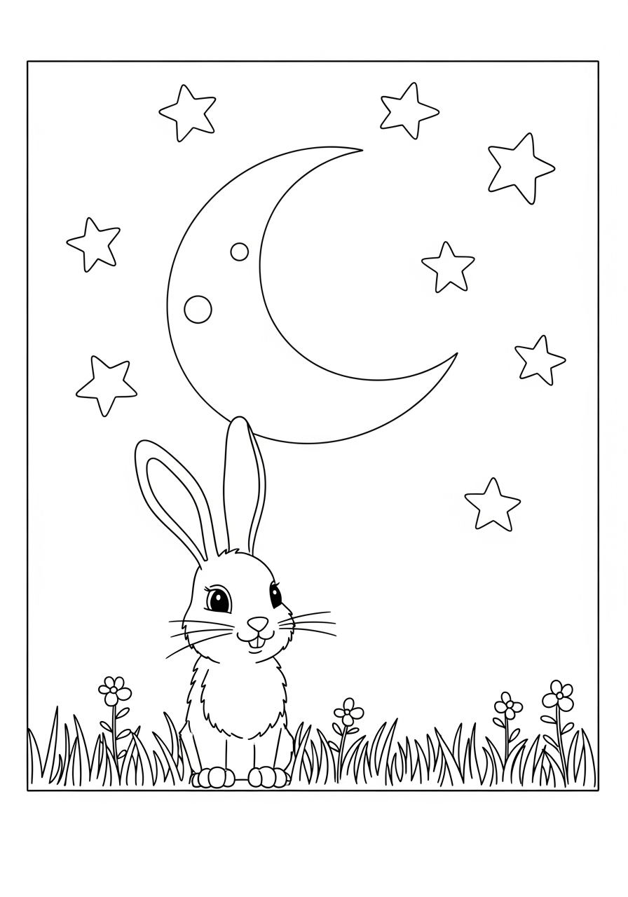 Desenho de Coelho ao lado da lua e estrelas para colorir