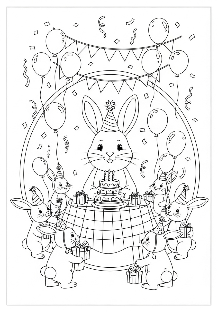 Desenho de Coelhos festejando com bolo e balões