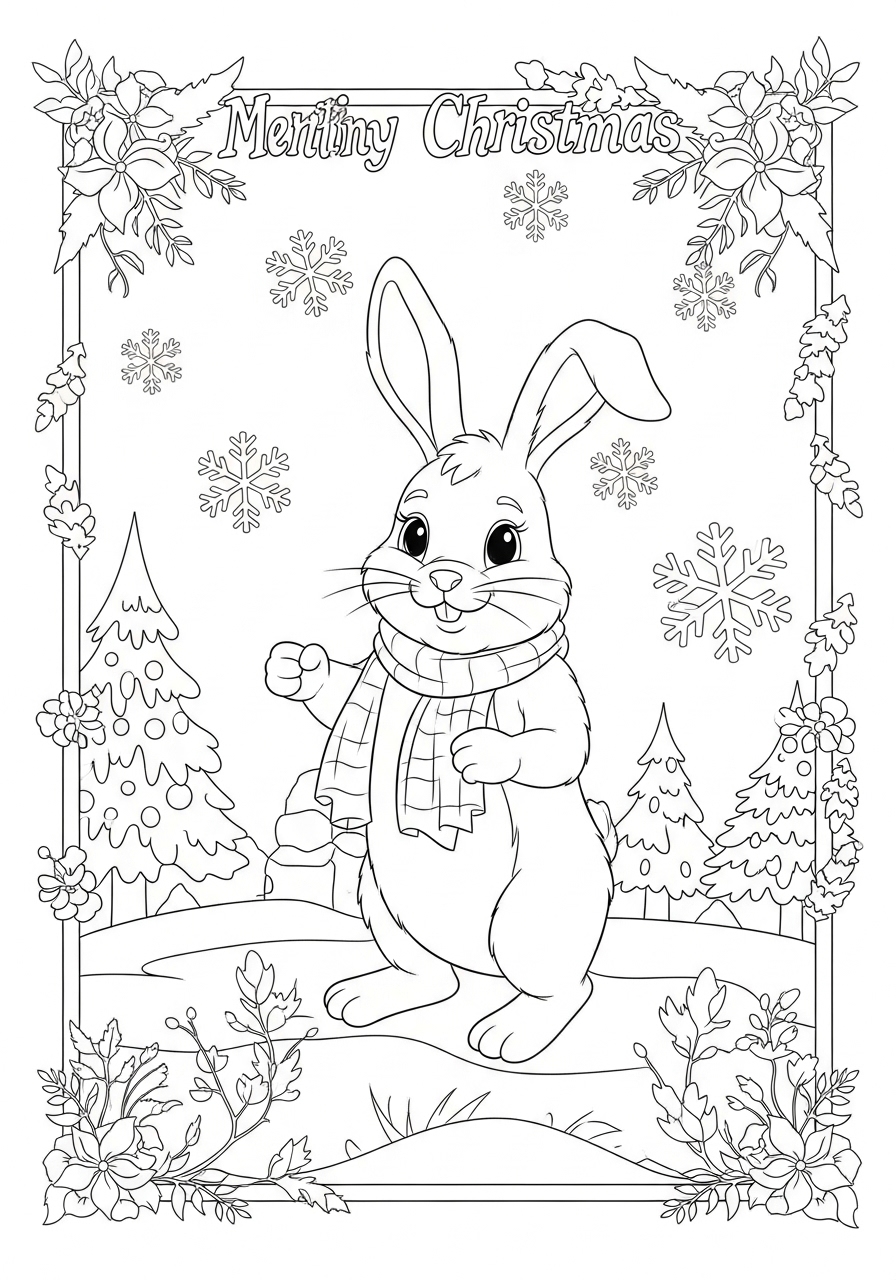 Desenho de Coelho com cachecol em um cenário natalino