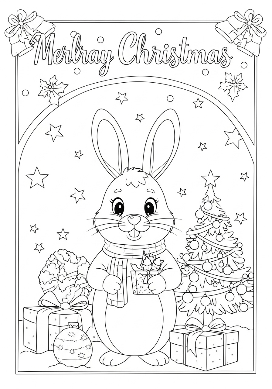 Desenho de Coelho celebrando o Natal com presentes e árvore