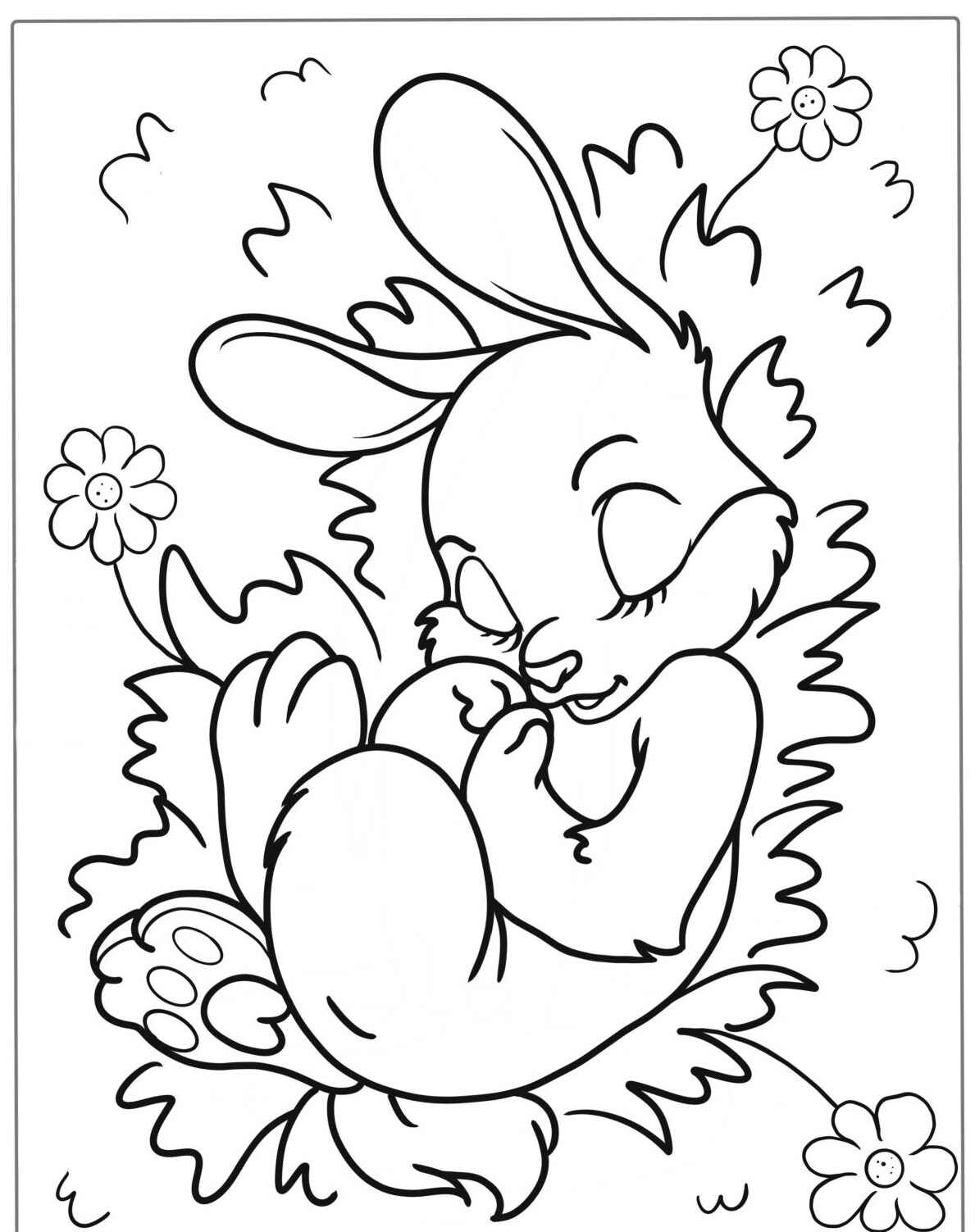 Desenho de Coelho dormindo entre flores para colorir