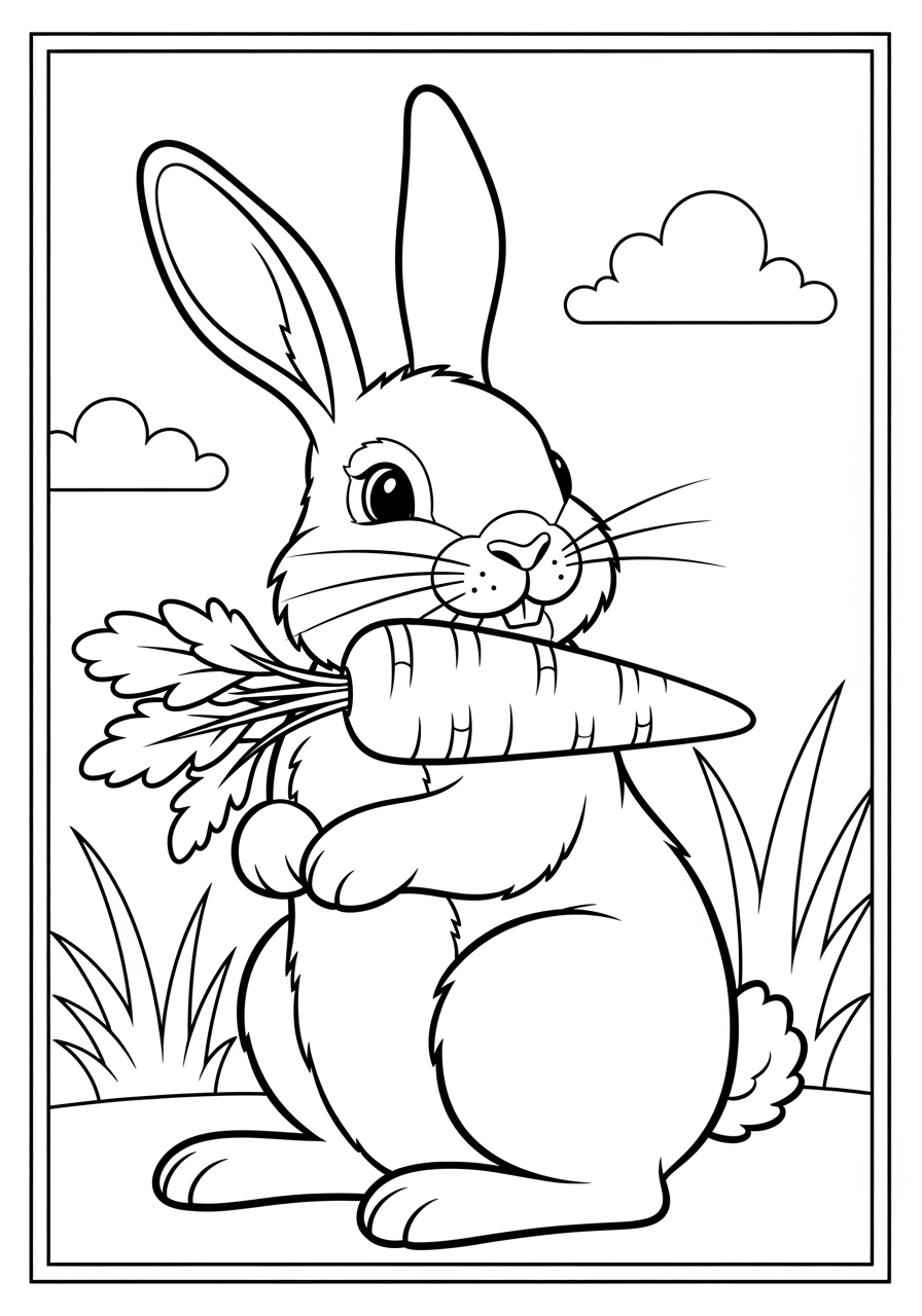 Desenho de Coelho segurando cenoura em um campo
