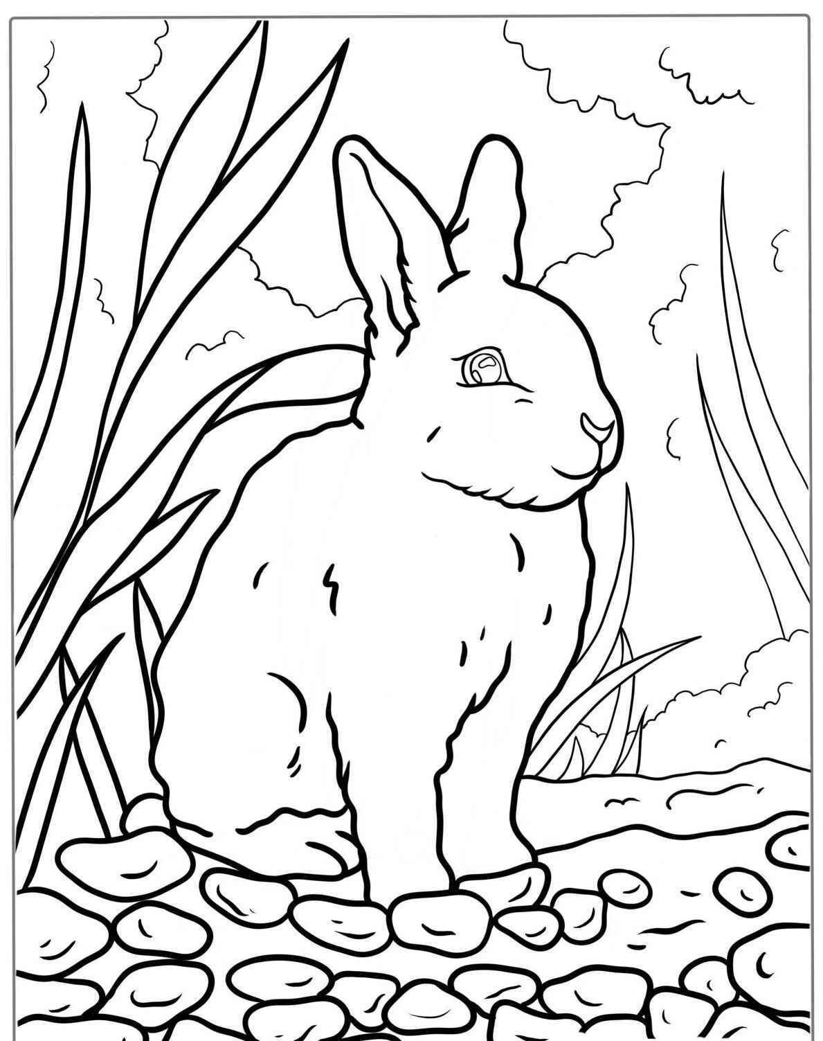 Desenho de Coelho sentado entre pedras e grama