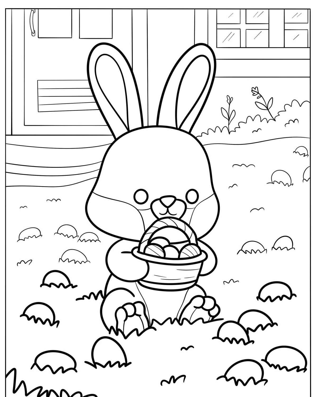 Desenho de Coelho segurando cesta com ovos para colorir