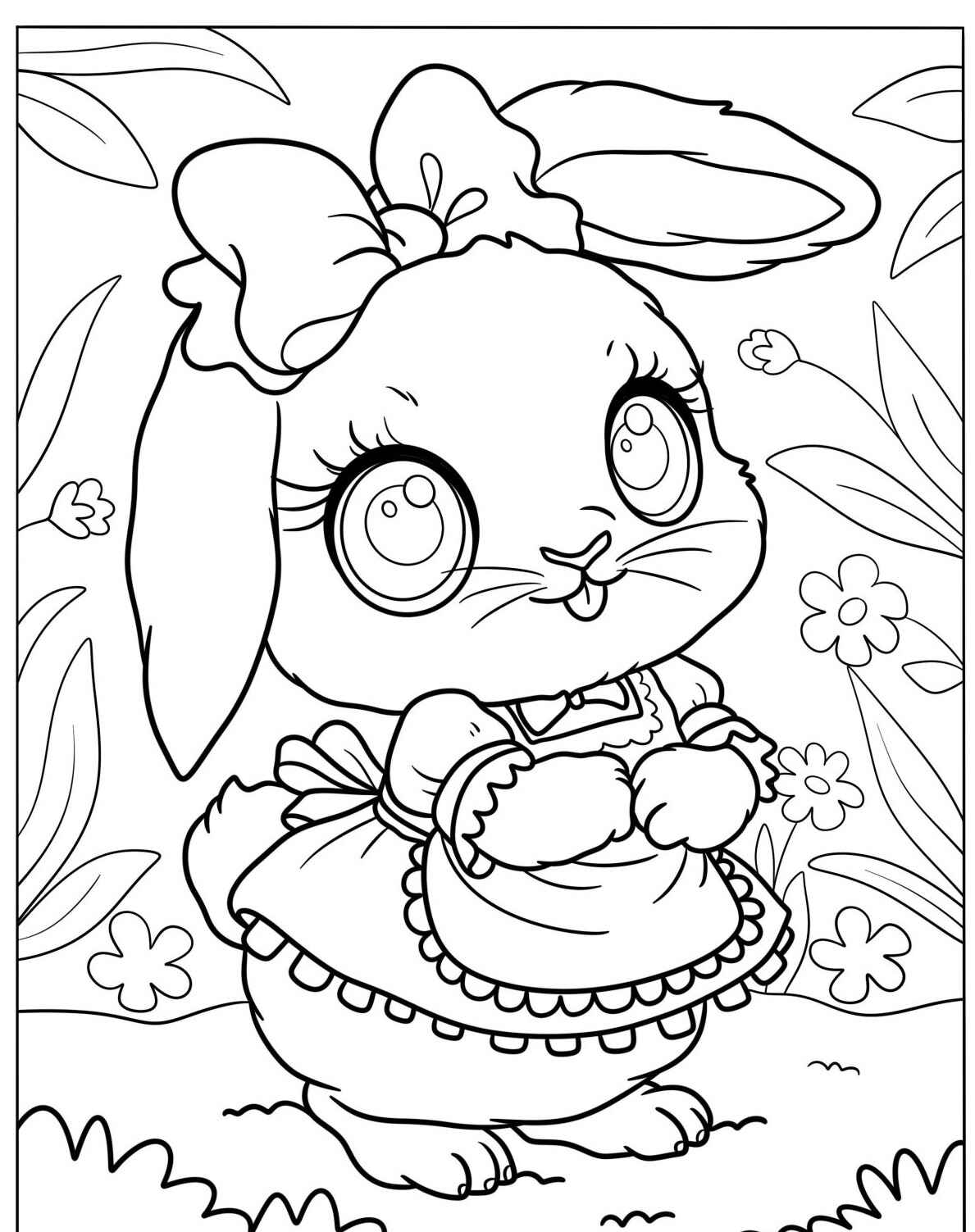 Desenho de Coelho com vestido e laço em fundo floral