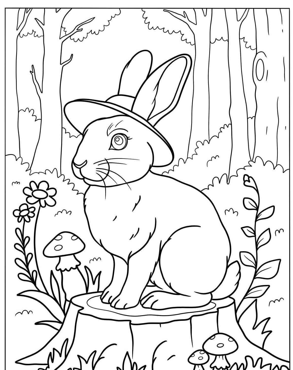 Desenho de Coelho sentado em um tronco usando chapéu