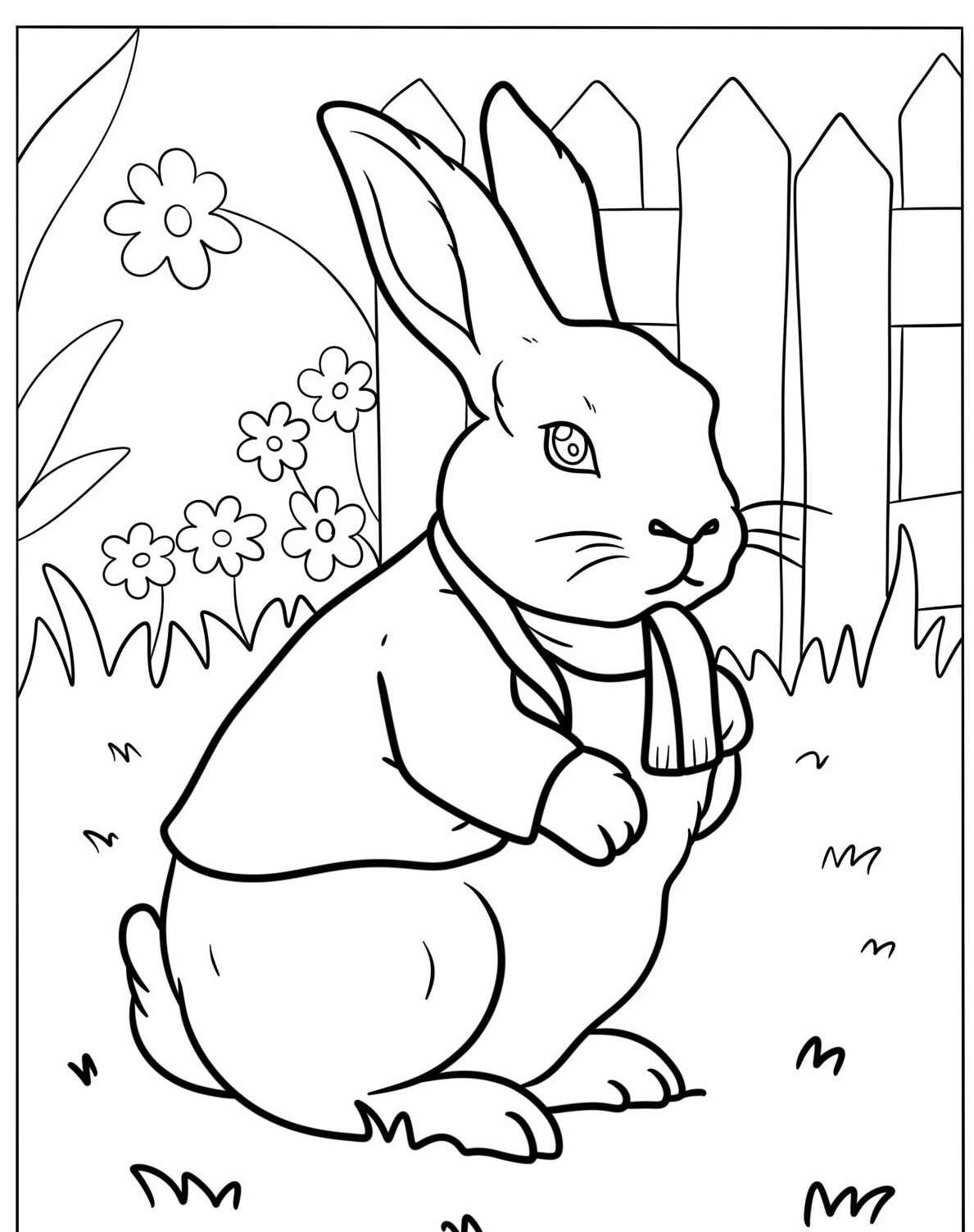 Desenho de Coelho em um jardim com flores e cerca