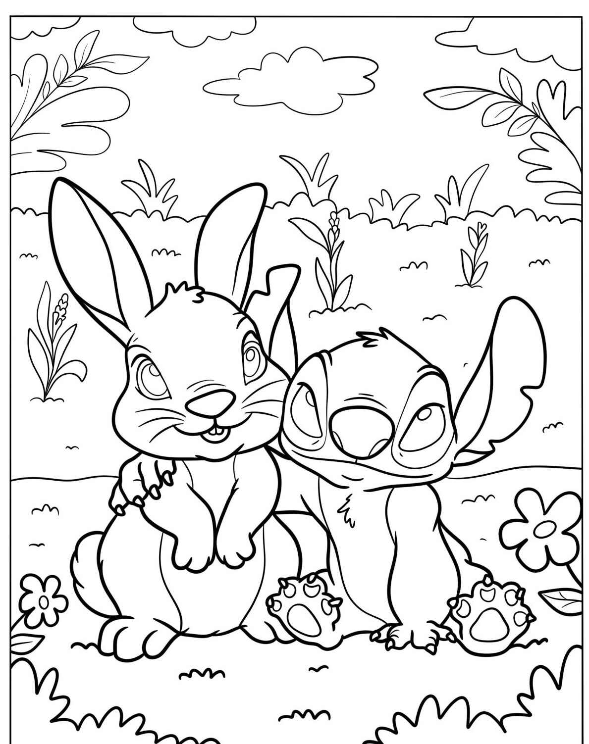 Desenho de Coelho e amigo em cenário natural para colorir