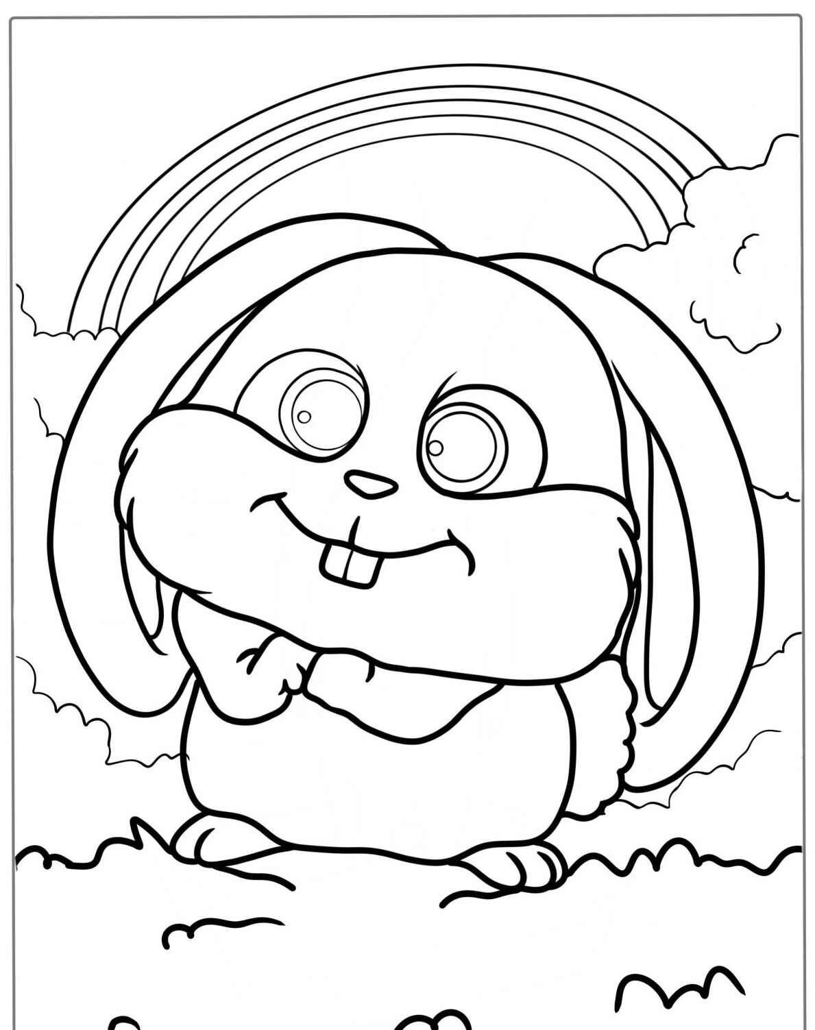Desenho de Coelho sorrindo com fundo de nuvens e arco-íris