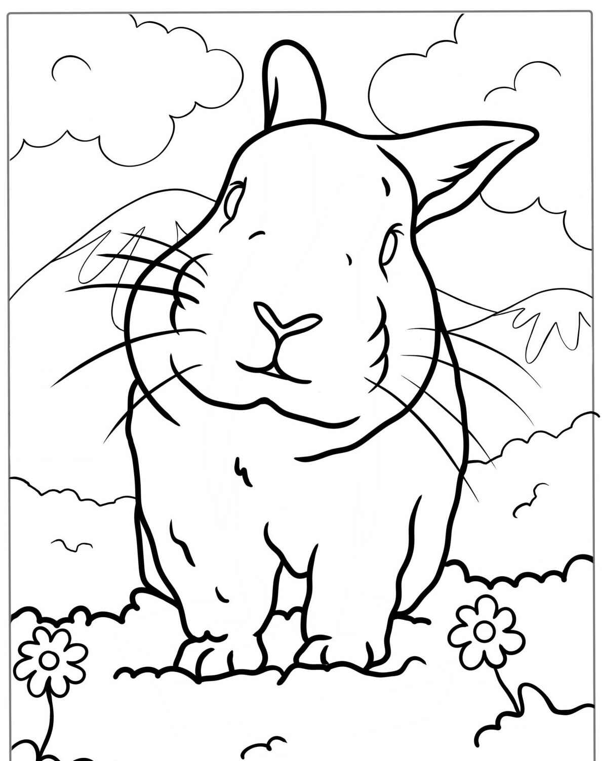 Desenho de Coelho em um campo com flores para colorir