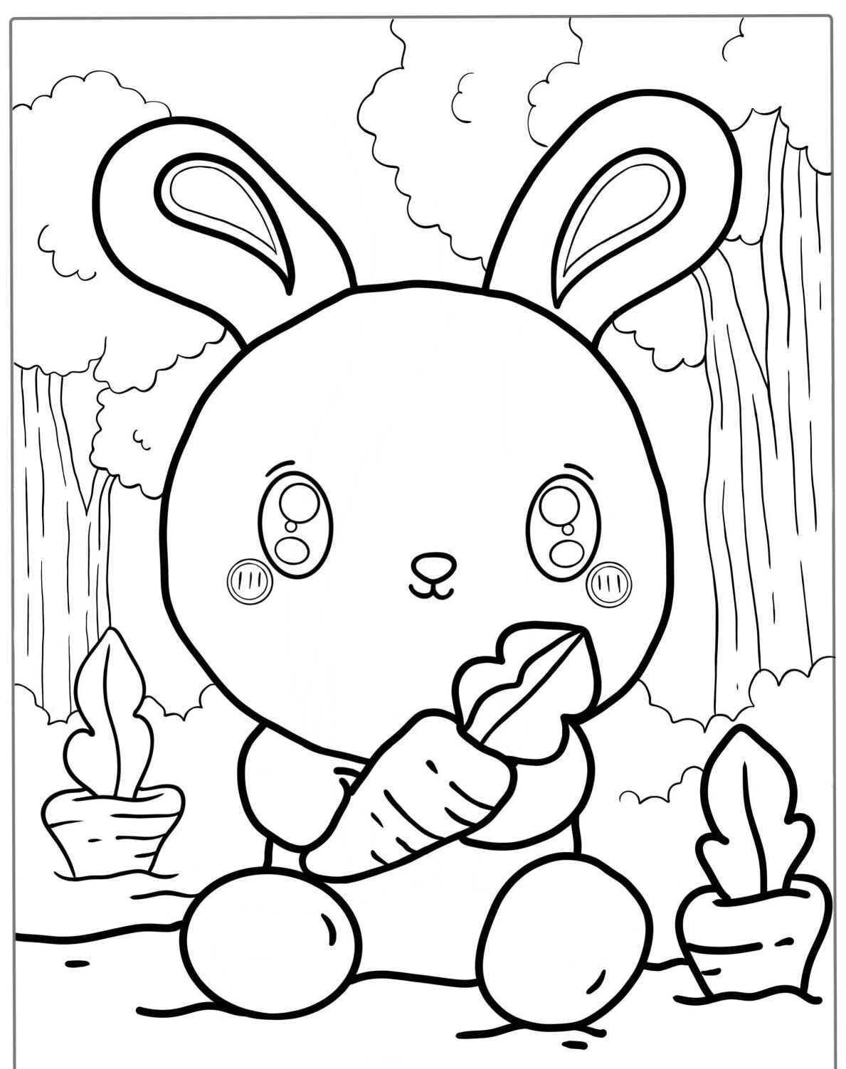 Desenho de Coelho sentado segurando cenoura para colorir