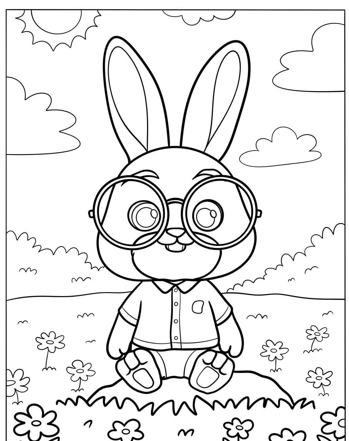 Desenho de Coelho usando óculos sentado em um campo