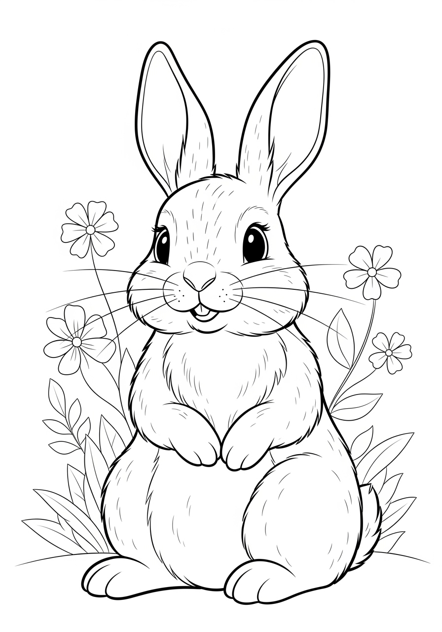 Desenho de Coelho sorridente em um campo com flores