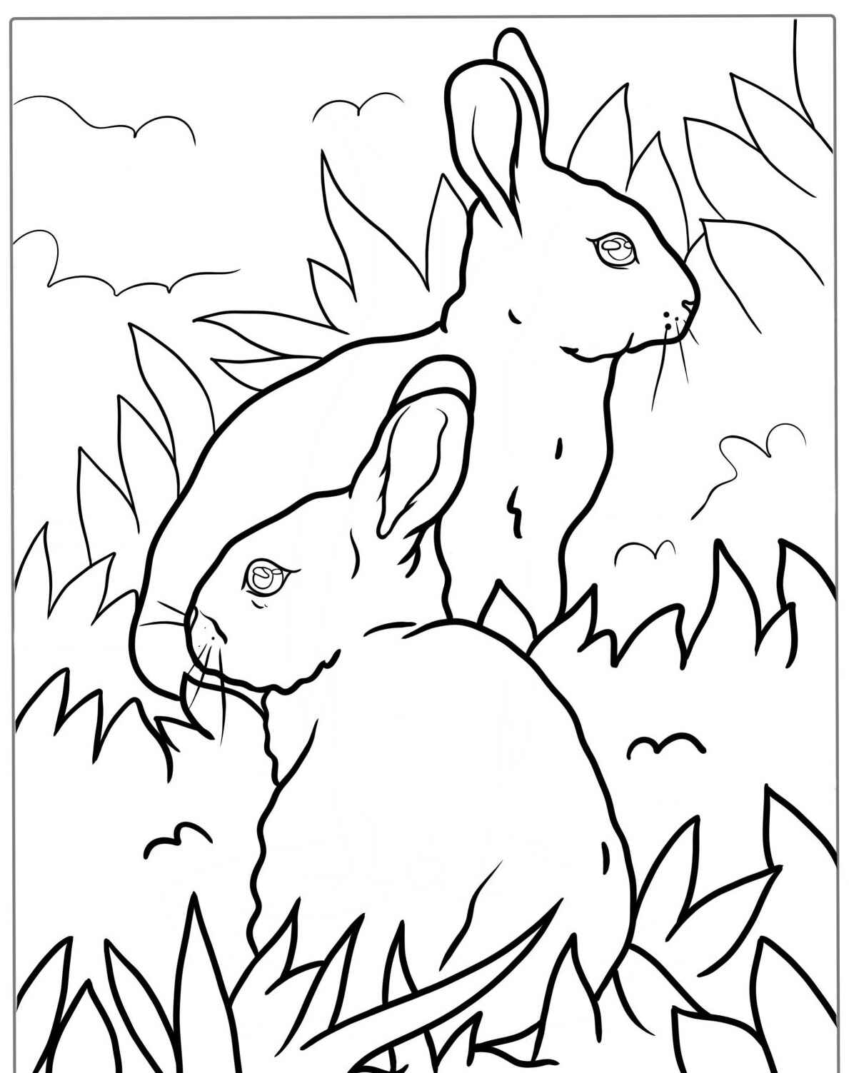 Desenho de Coelhos sentados em gramado cercados por folhagens