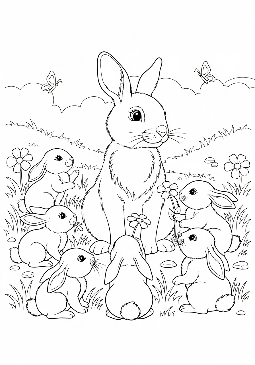 Desenho de Coelho rodeado por coelhinhos e flores