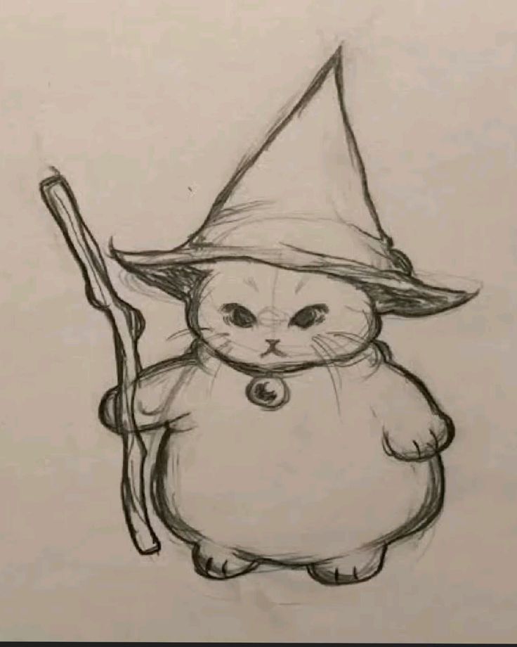 Gato fofo vestido de mágico com chapéu e varinha desenhado