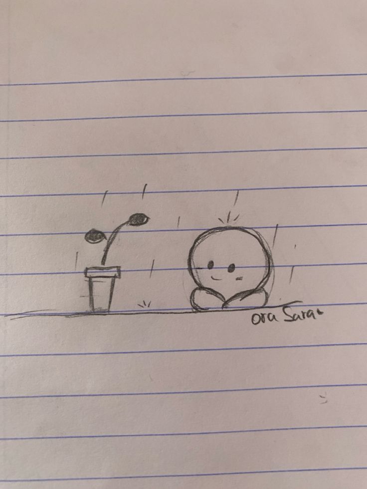 Desenho de uma planta e um personagem sentado pensativo