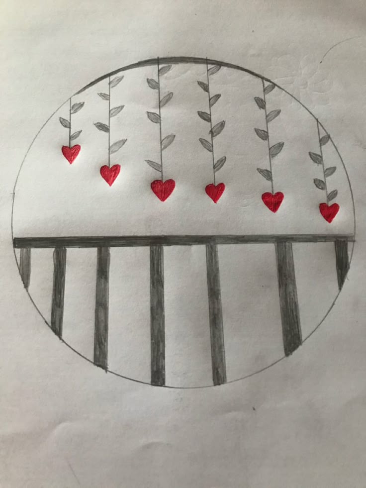 Desenho de corações pendurados em galhos para desenhar