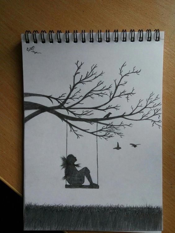 Desenho de uma menina em balanço sob uma árvore seca