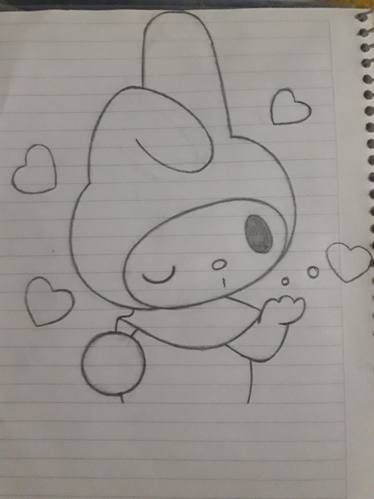 Desenho fofo de personagem com corações e expressão sonhadora