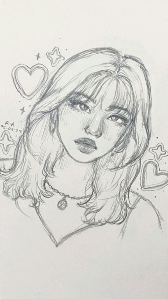 Desenho de menina com cabelos longos e corações ao fundo